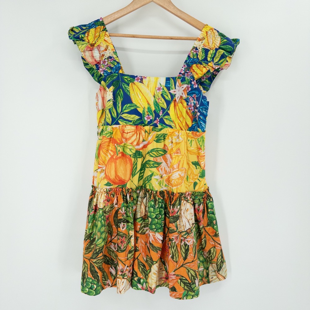 Farm Rio Tropical Fruit Print Dress Sz‎ S  Mini Tiered Colorful Resort Vacation